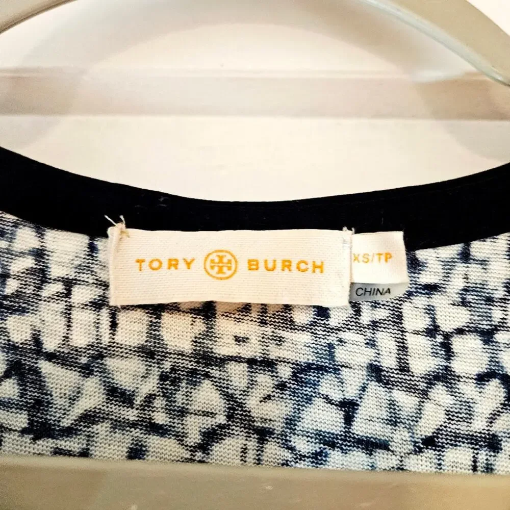 Tory Burch Navy White Printed Linen Tunic Top Split Neck XS Designer